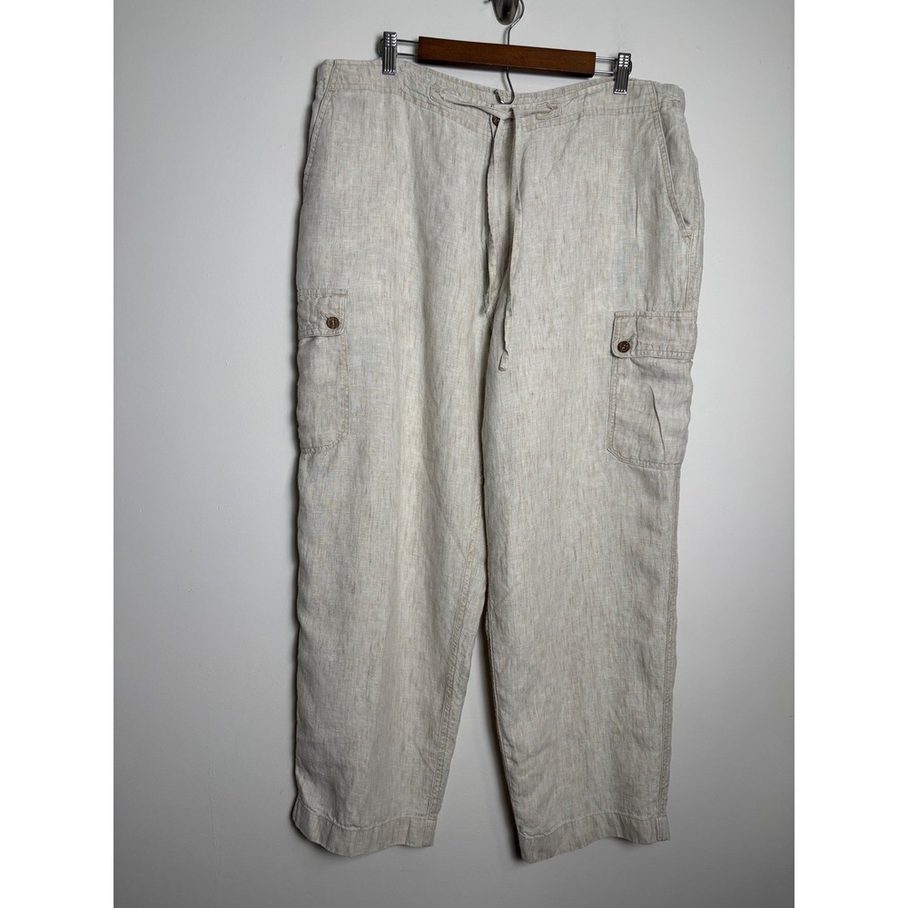 Mens Linen Cargo Pants 42x30 Relaxed Fit Drawstring Summer Preppy Coastal Resort